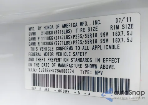 2011 Acura Rdx from USA, damaged, VIN 5J8TB2H22BA006874